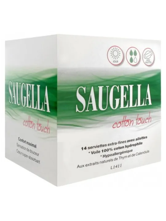 SAUGELLA Cotton Touch Jour Serviettes Extra-Fines avec Ailettes paquet de 14