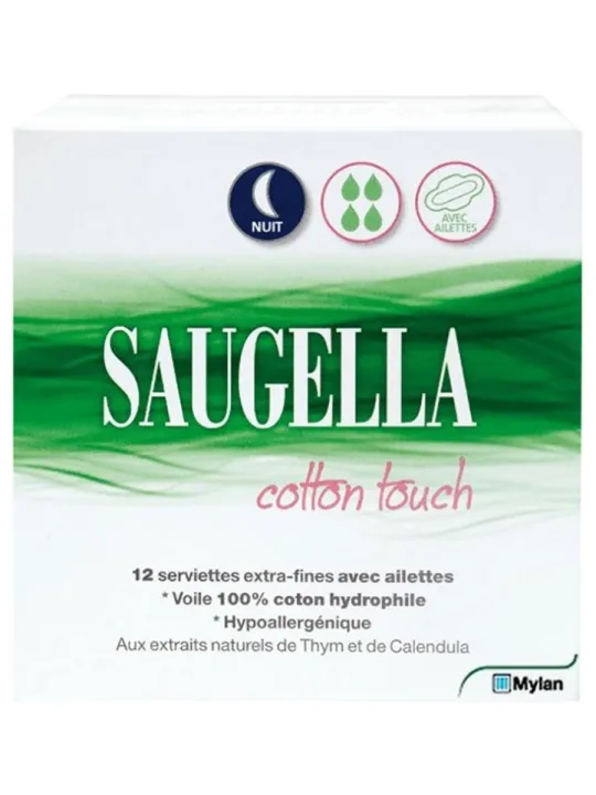 SAUGELLA Cotton Touch Nuit Serviettes Extra-Fines avec Ailettes paquet de 12