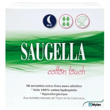 SAUGELLA Cotton Touch Nuit Serviettes Extra-Fines avec Ailettes paquet de 12