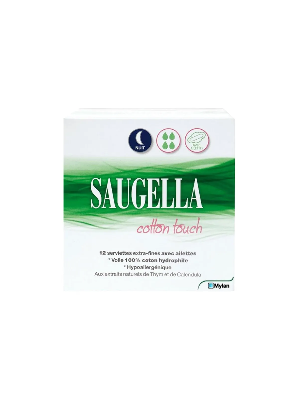 SAUGELLA Cotton Touch Nuit Serviettes Extra-Fines avec Ailettes paquet de 12