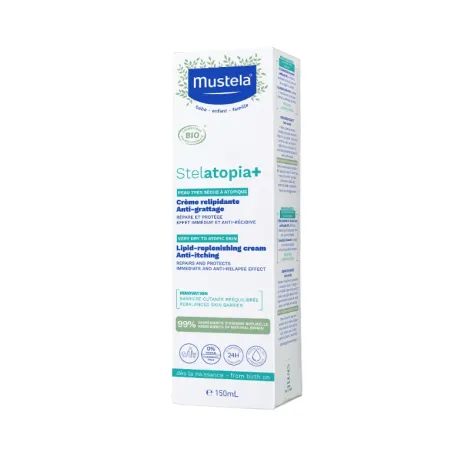 MUSTELA Bébé Stelatopia + - Crème Relipidante Anti-Grattage Bio - Peau très sèche à Atopique, 150ml