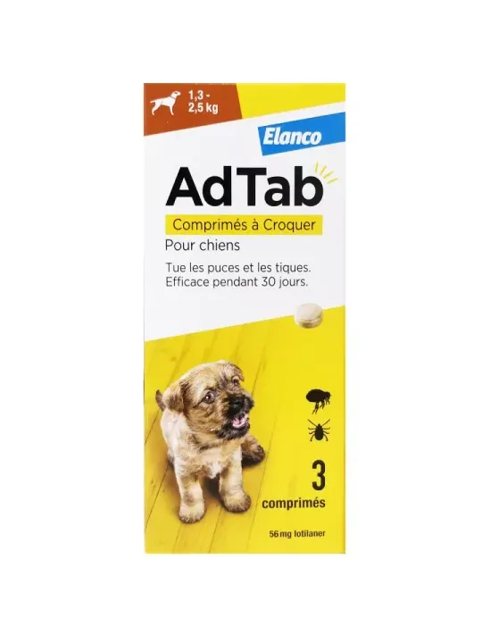 ADTAB Antiparasitaire Interne Chien de 1.3 à 2.5kg  3 Comprimés à Croquer