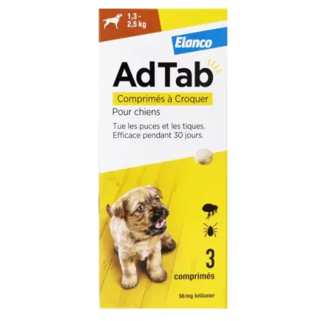 ADTAB Antiparasitaire Interne Chien de 1.3 à 2.5kg  3 Comprimés à Croquer