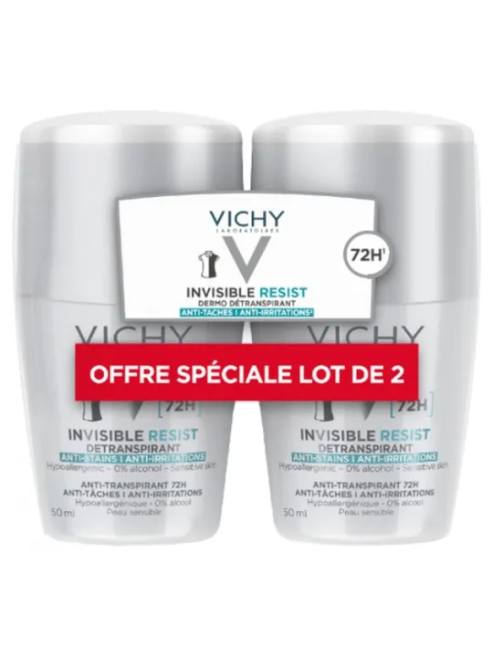 VICHY Déodorant Invisible Resist Dermo-Détranspirant 72H Roll-On Lot de 2 x 50 ml