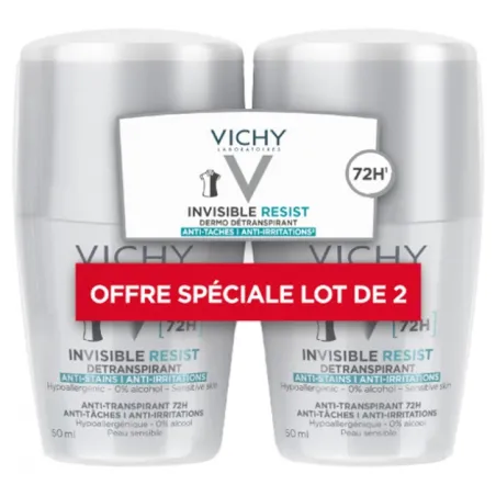 VICHY Déodorant Invisible Resist Dermo-Détranspirant 72H Roll-On Lot de 2 x 50 ml