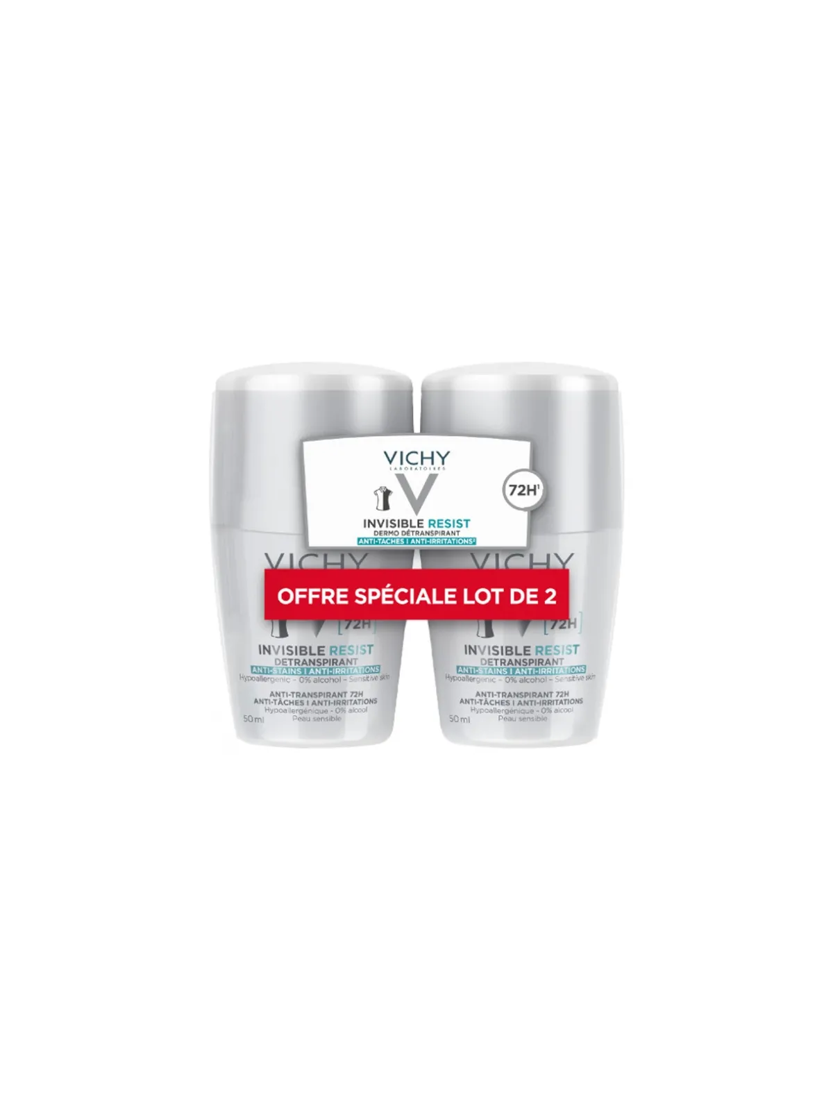 VICHY Déodorant Invisible Resist Dermo-Détranspirant 72H Roll-On Lot de 2 x 50 ml
